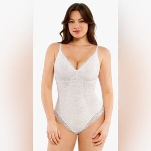 Popilush Shapewear Firm Control Smoothing Full Lace Thong Bodysuit - White (3X)